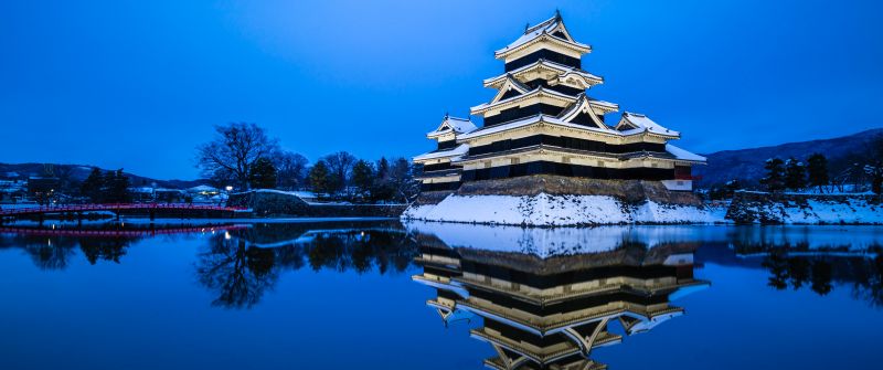 Matsumoto Castle, Japan, Historical landmark, 5K, Blue aesthetic, Winter, Japanese architecture