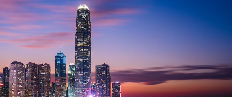 Hong Kong City, Sunset, IFC mall, Dusk, Skyline, Skyscrapers, Victoria Harbour, Blue hour, City lights, Cityscape