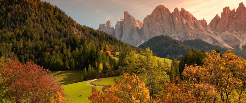 Valley of Funes, Mountains, Countryside, Landscape, High mountains, Summer, Forest, Trees, Greenery, Italy, 5K