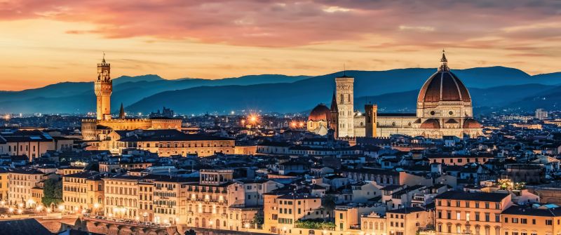 Florence Cathedral, Italy, Sunset, Night lights, Cityscape, Church, Historical landmark