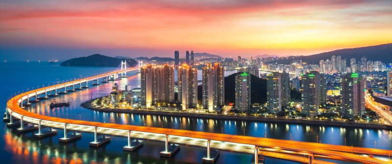 Busan, Gwangan Bridge, City lights, Sunset, Harbor, Red Sky, Metropolitan, Urban, South Korea, 5K