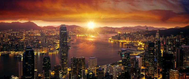 Hong Kong, Sunrise, Cityscape, City lights, Skyline, 5K