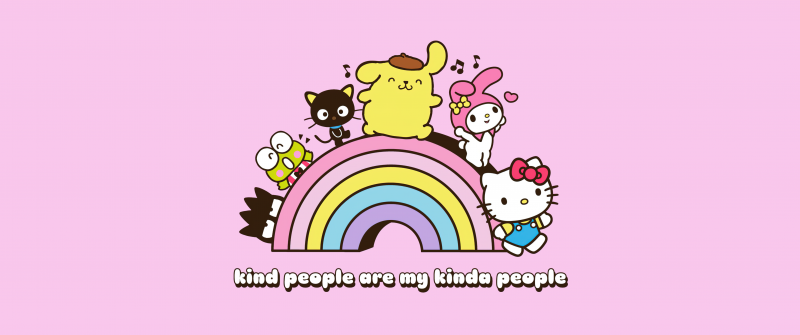 Sanrio, BFF, Hello Kitty, My Melody, Keroppi, Pompompurin, Pochacco, Pink background, Hello kitty quotes, Best friends, Rainbow