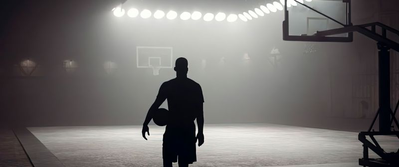 Basketball player, Silhouette, Basketball court, Basketball backboard, Indoor, Alone