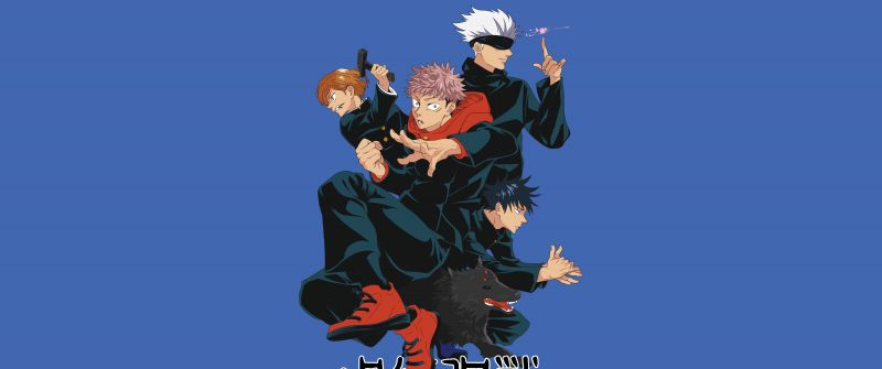 Jujutsu Kaisen, Characters, Satoru Gojo, Yuji Itadori, Megumi Fushiguro, 5K, 8K, Blue background