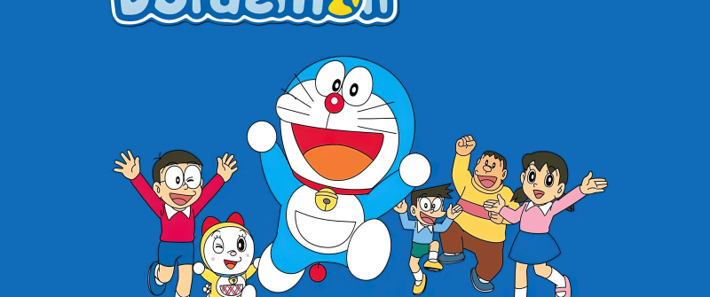 Doraemon, Characters, Nobita, Shizuka Minamoto, Dorami, Blue background, Cartoon