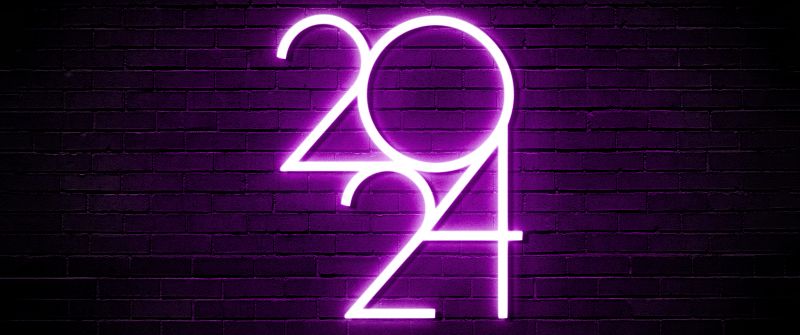 2024 New year, Dark theme, 5K, Purple aesthetic, Dark background, Brick wall