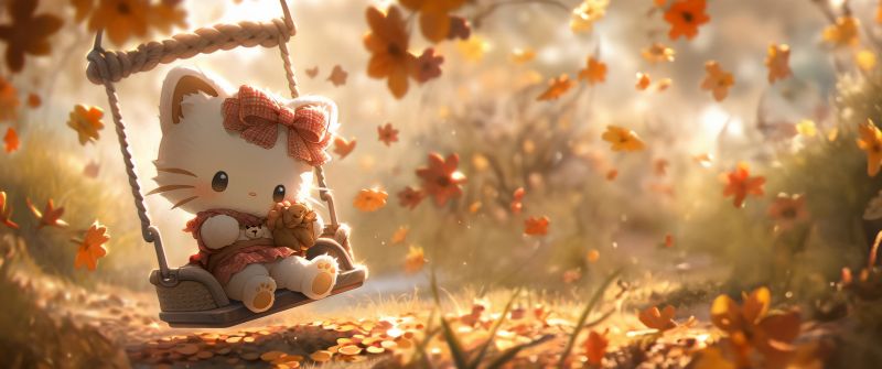 Hello Kitty, Autumn background, 5K, 8K, Adorable, Swing, Surreal, Aesthetic
