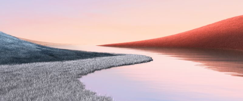 Microsoft Surface, Aesthetic, Landscape, Grass field, Lake, Clear sky, Stock