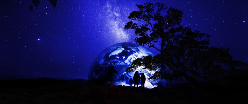 Couple, Dream, Earth, Night, Silhouette, Together, Romantic, Starry sky, Hot air balloons, 5K, 8K