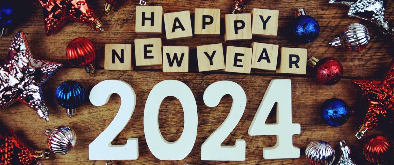 Happy New Year 2024, 5K, Christmas decoration, Wooden background, Wooden letters