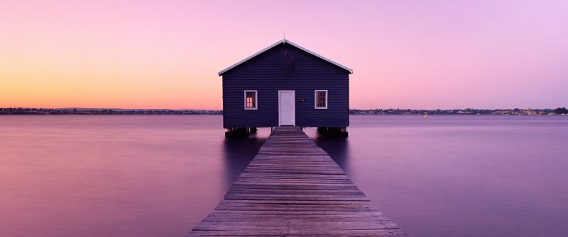 Boathouse, Sunrise, River, Morning, Seascape, Purple, Wooden pier, Deck, Winter, Aesthetic