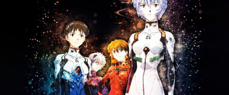 Neon Genesis Evangelion, Poster, Shinji Ikari, Kaworu Nagisa, Asuka Langley Soryu, Rei Ayanami, 5K, Black background, Character art