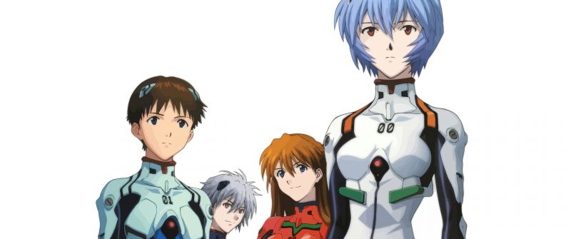 Neon Genesis Evangelion, Characters, Shinji Ikari, Kaworu Nagisa, Asuka Langley Soryu, Rei Ayanami, 5K, White background