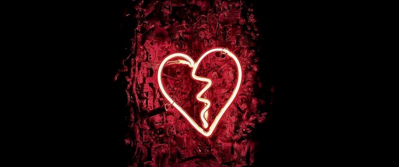Broken heart, Neon sign, Shattered, Vintage, Glowing, 5K, Heartbreak, Sadness