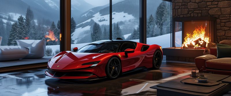 Ferrari SF90 Stradale, Cozy, Aesthetic interior, Winter, 5K, Fireplace