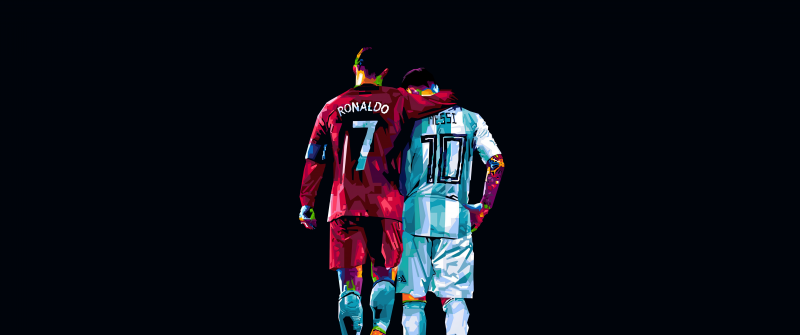 Cristiano Ronaldo, Lionel Messi, Pop Art, Dark background, 5K, 8K
