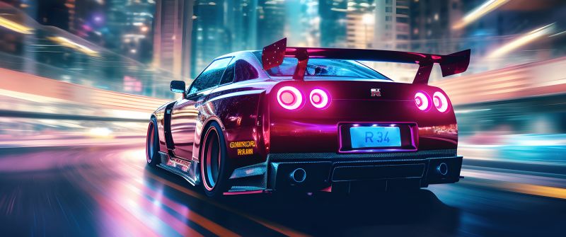 Nissan Skyline GT-R R34, Racing car, AI art, Purple aesthetic, 5K