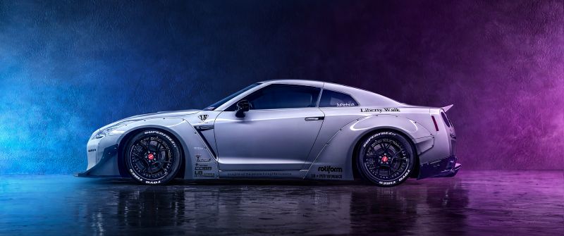 Nissan GT-R R35, Neon, Digital Art, Smoke, Dark background, Dark aesthetic