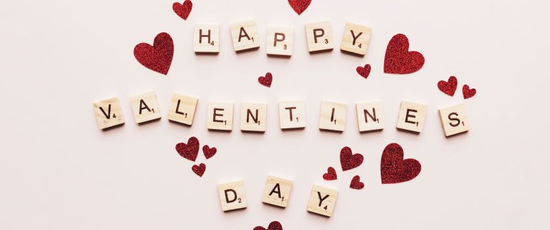 Happy Valentine's Day, Scrabble letters, Red hearts, White background, Wooden letters, 5K
