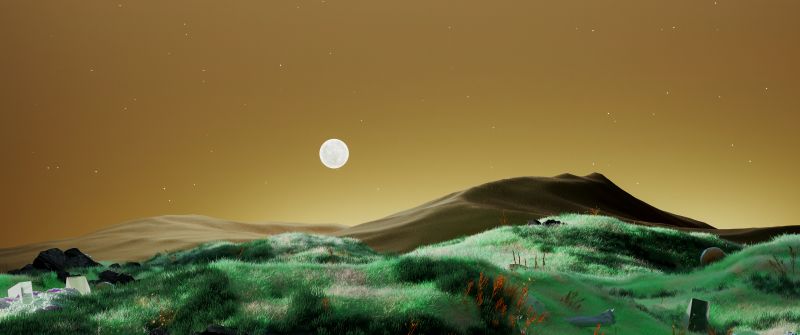 Dreamlike, Full moon, Landscape, Surrealism, Green Fields