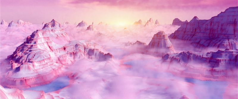 Landscape, Digital composition, Infrared, Pink clouds, Pink Hour, Mountains