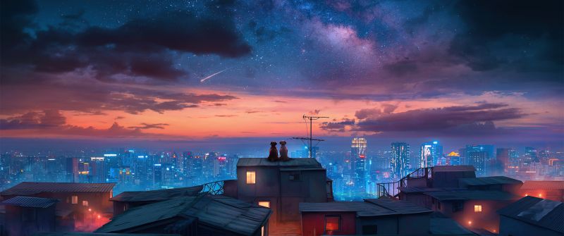 Dogs, Surrealism, Starry sky, Cityscape, Night City, Rooftop, Urban, Romantic, Dreamy, 5K