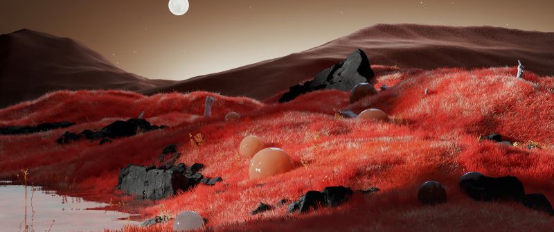 Red planet, Landscape, Full moon, Grass field