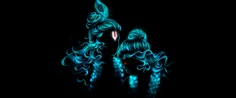 Radha Krishna, Digital Art, Glowing, Hindu God, Hinduism, Black background, 5K, AMOLED, Goddess Lakshmi