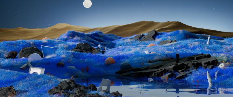 Dreamlike, Landscape, Surrealism, Full moon, Blue aesthetic