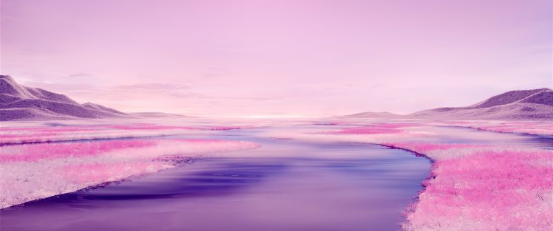 Pink aesthetic, River, Surreal, Landscape, Pink sky