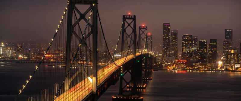 San Francisco-Oakland Bay Bridge, California, City night, Night illumination, 5K, 8K