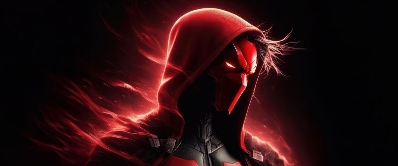 Red Hood, AI art, DC Comics, DC Superheroes, 5K, Black background, Dark red