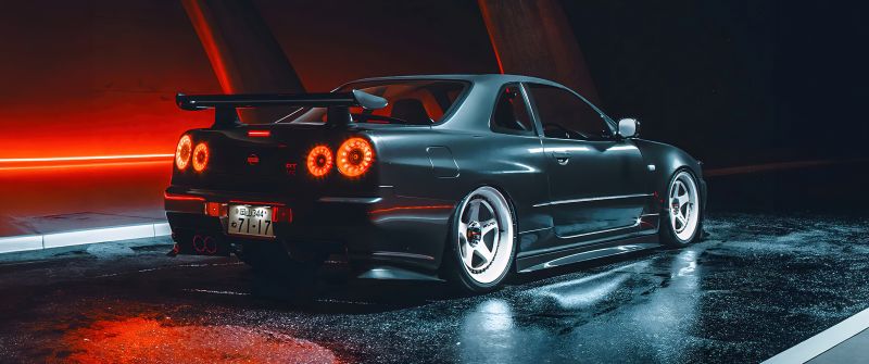 Nissan Skyline GT-R R34, 5K, JDM cars, Digital Art, Neon