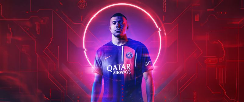 Kylian Mbappé, Neon background, Red aesthetic, French Footballer, Paris Saint-Germain