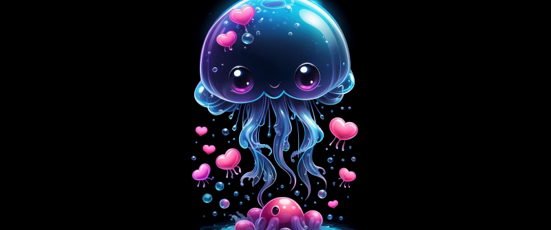 Jellyfish, Cute art, Love hearts, Kawaii, Black background, AMOLED