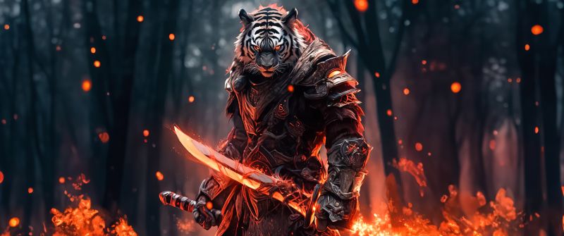 Tiger, Warrior, Fire, Rage, AI art