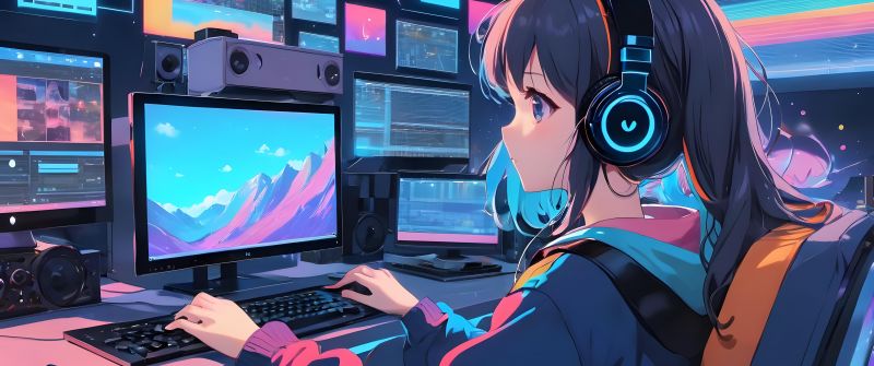 Anime girl, Working, Lofi girl, 5K, AI art, Headphones