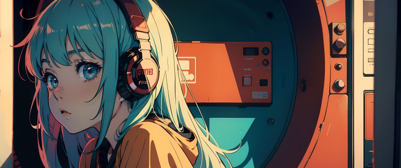 Anime girl, Lofi, Listening music, Headphones