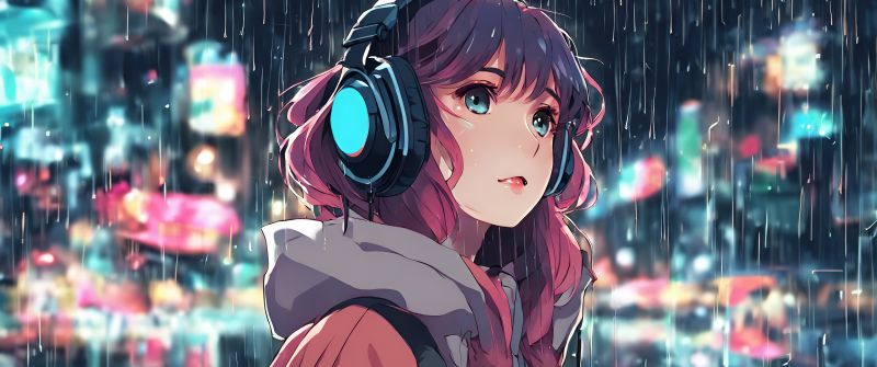 Lofi girl, AI art, Listening music, Headphones, 5K, Raining