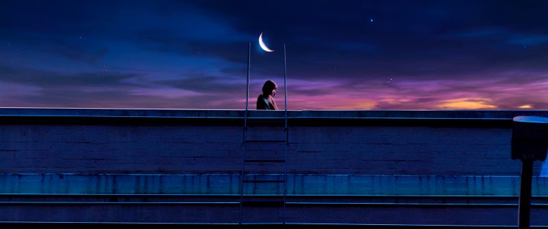 Lofi girl, Illustration, 5K, Crescent Moon, Sad girl