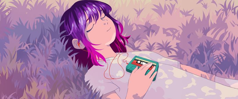 Lofi girl, Listening music, 5K, Lying down, Purple aesthetic