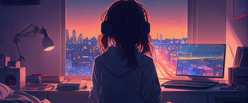 Lofi girl, Listening music, Window, 5K