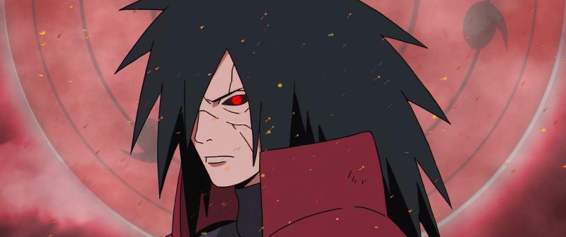 Madara Uchiha, Sharingan, Naruto, Red background