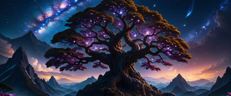 Mysterious, Tree, AI art, Mystic, Beautiful Sky, Purple leaves, Aesthetic