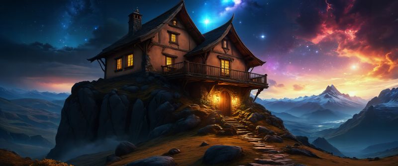 Wooden House, Mountain Peak, Surreal, Dreamlike