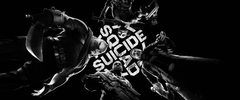 Suicide Squad: Kill the Justice League, Black and White, Monochrome, Black background, Deadshot, Captain Boomerang, King Shark, Harley Quinn, DC Comics, 2024 Games