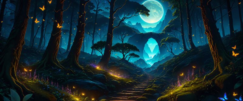 Magical forest, Night, Butterflies, Moon, Glowing, Tall Trees, Stones, Pathway, AI art