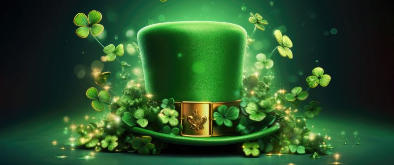 Irish, Leprechaun cap, St. Patrick's Day, Illustration, Shamrock, Clover, Green leaves, Green aesthetic, AI art, 5K