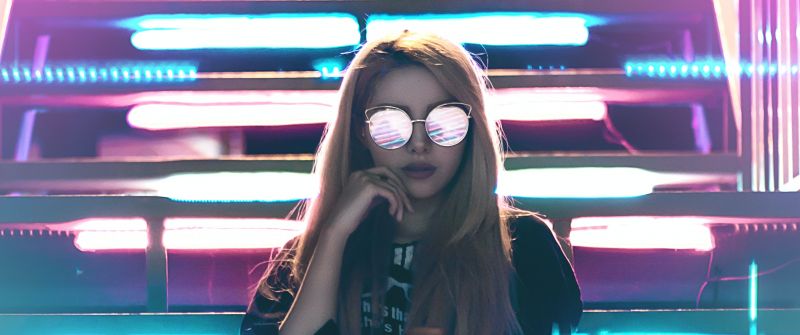 Girl, Urban Girl, Metal stairs, LED lights, Neon, Sunglasses